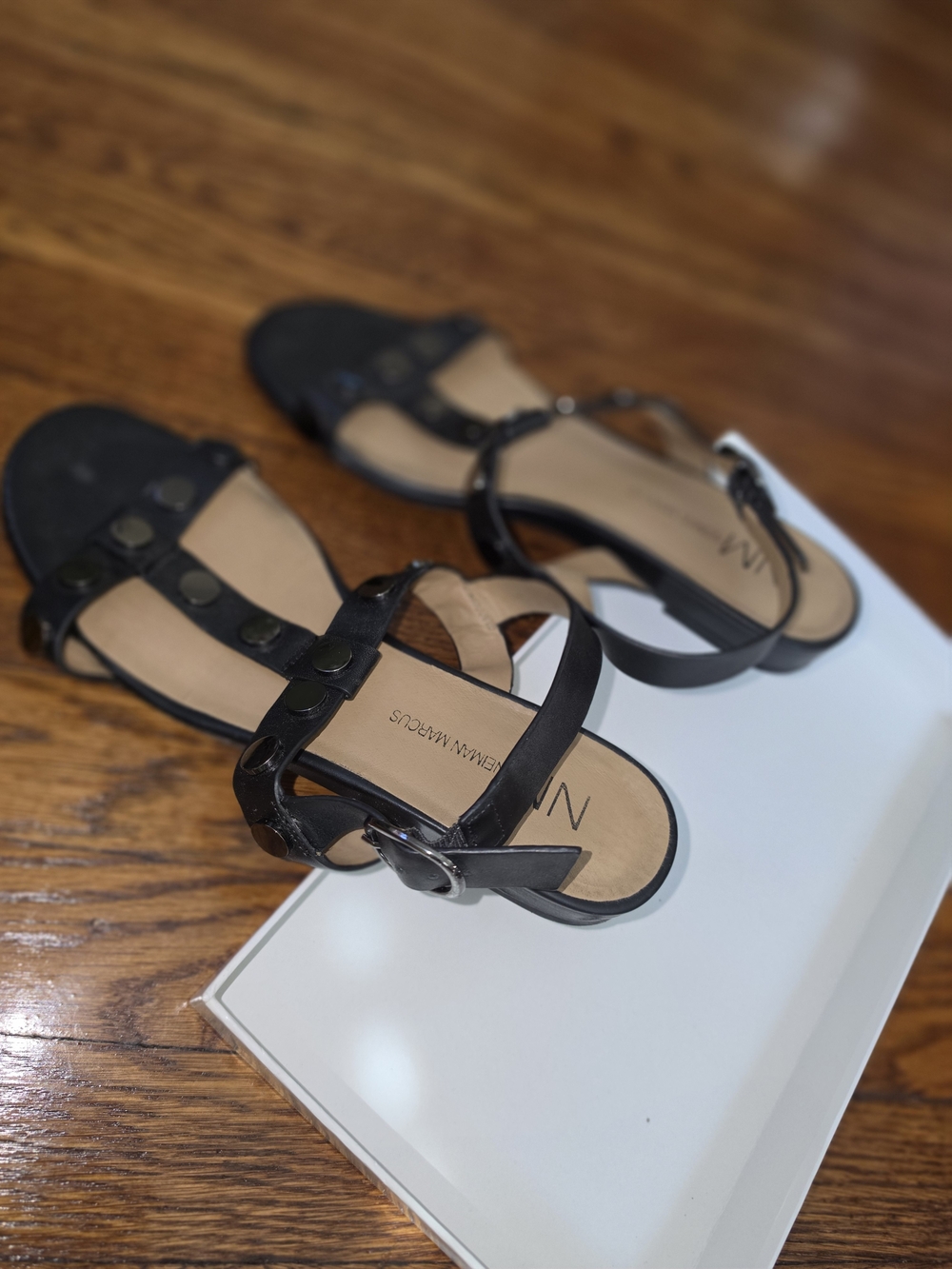 Neiman Marcus Black Studded T-Strap Sandals